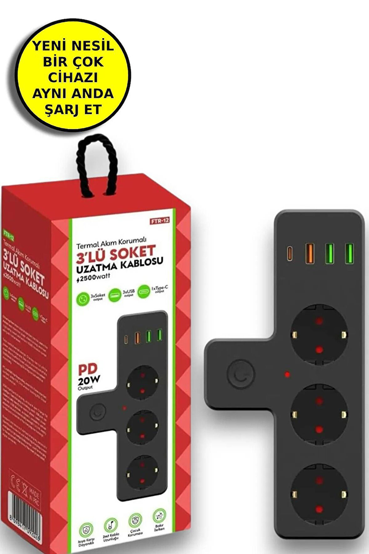 3'lü Duvar Priz Termal Akım Korumalı Priz 3 x USB, 1 x Type-C 20W PD Giriş