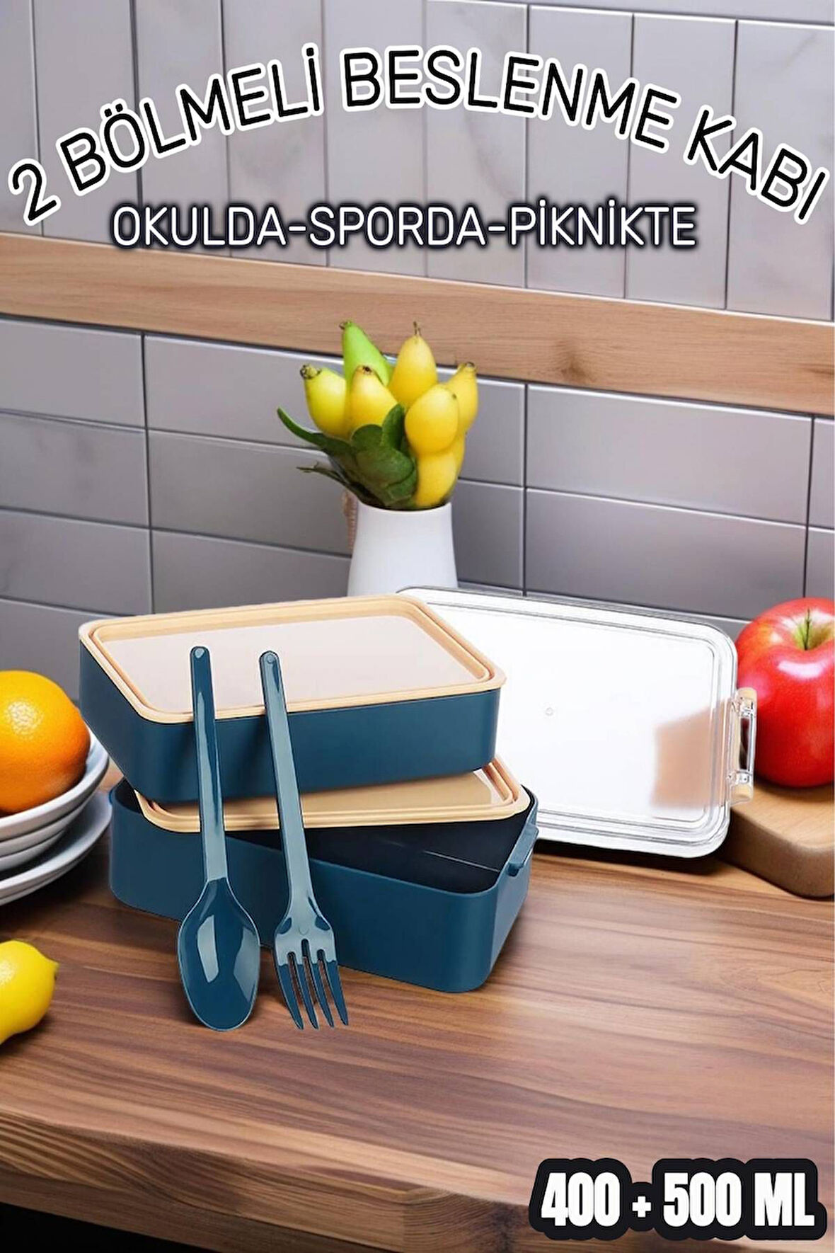 2 Bölmeli Kilitli Beslenme Kabı Seti,Okulda,Ofiste,Sporda,Piknikte,Diyet,Besin kabı 500 ml+400 ml