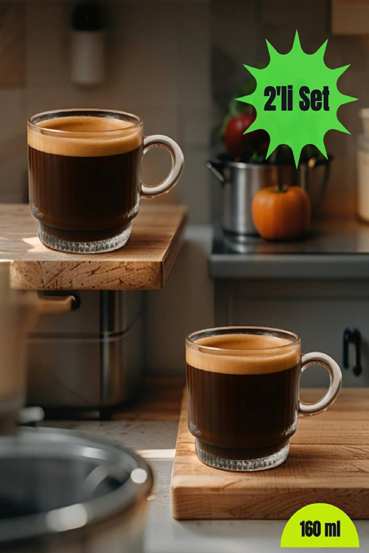 2 Adet Kulplu Çay-Kahve Fincanı Cam Salvador Çizgili ( 1 Adet 160 ML )