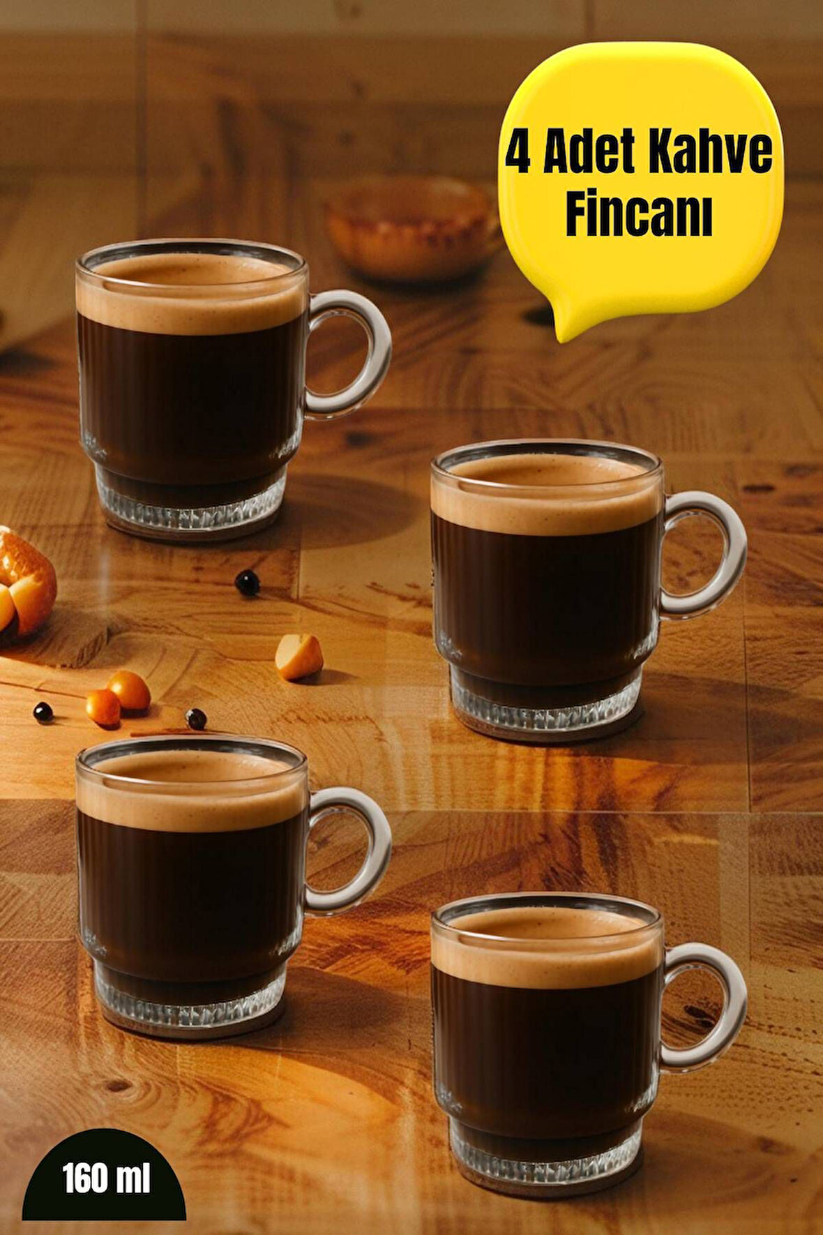 4 Adet Kulplu Çay-Kahve Fincanı Cam Salvador Çizgili ( 1 Adet 160 ML )