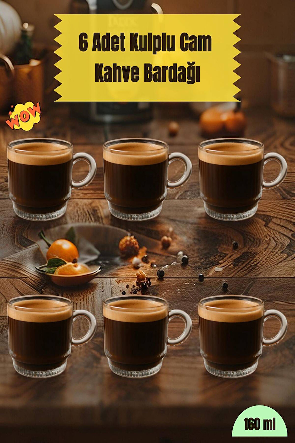 6 Adet Kulplu Çay-Kahve Fincanı Cam Salvador Çizgili ( 1 Adet 160 ML )