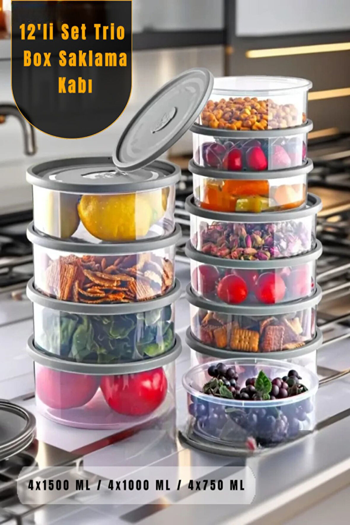 12'li Set Yuvarlak Mikrodalga & Difriz Uyumlu Saklama Kabı X4 0,75 Lt/1 Lt/1,5 Lt