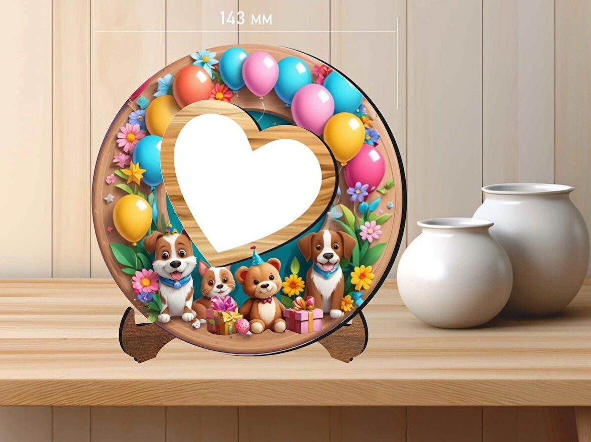  MDF Malzemeden Çocuklar İçin UV Baskılı Kalpli Fotoğraf Çerçevesi 14x14 cm