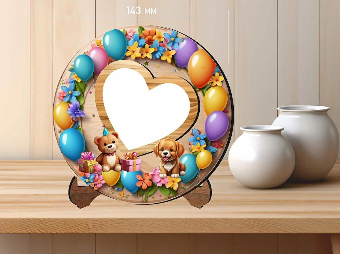 14x14 cm MDF Malzemeden Çocuklar İçin UV Baskılı Hayvan Desenli Fotoğraf Çerçevesi 