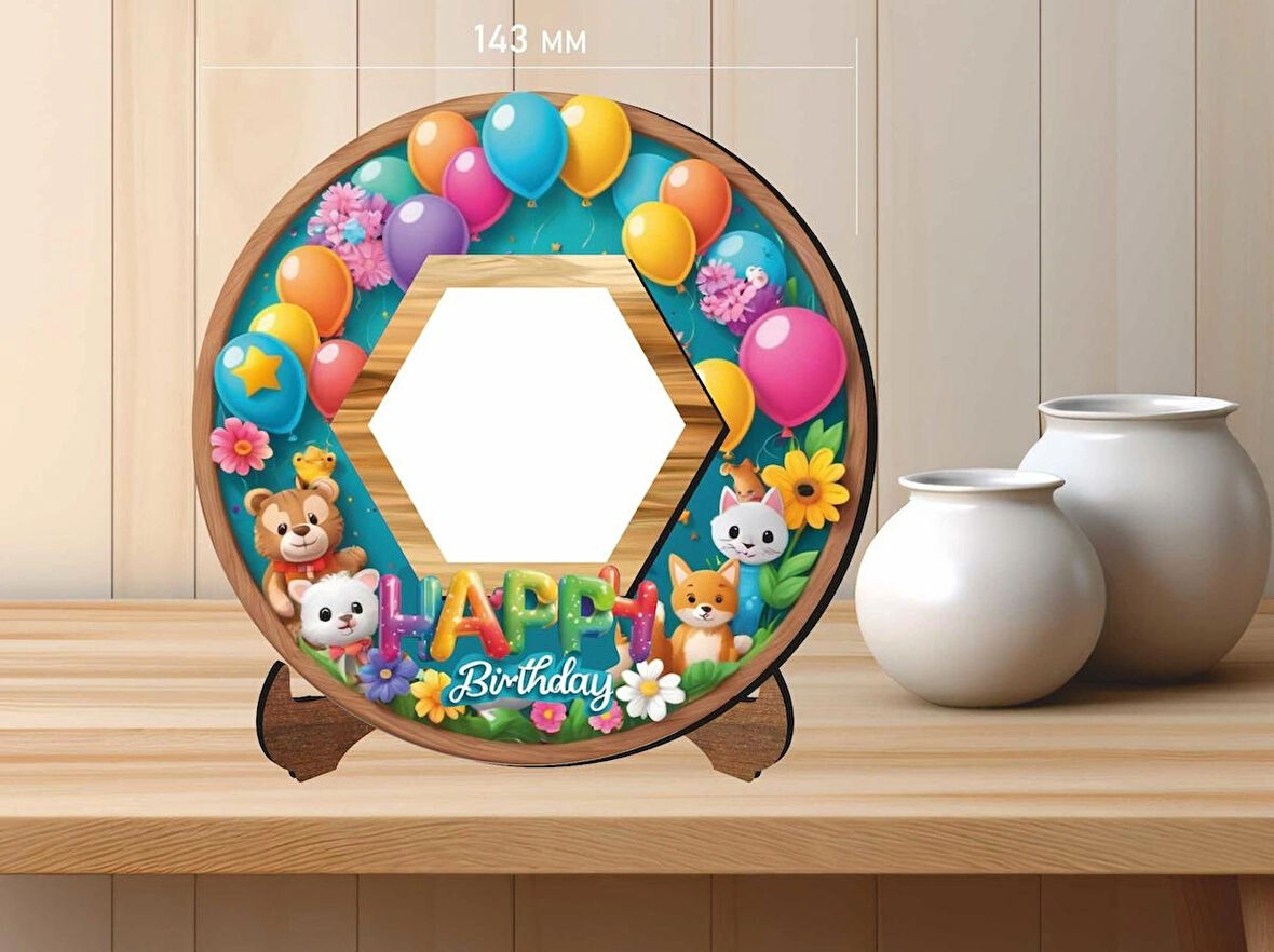  MDF Malzemeden Çocuklar İçin 14x14 cm UV Baskılı Altıgen Fotoğraf Çerçeve V4