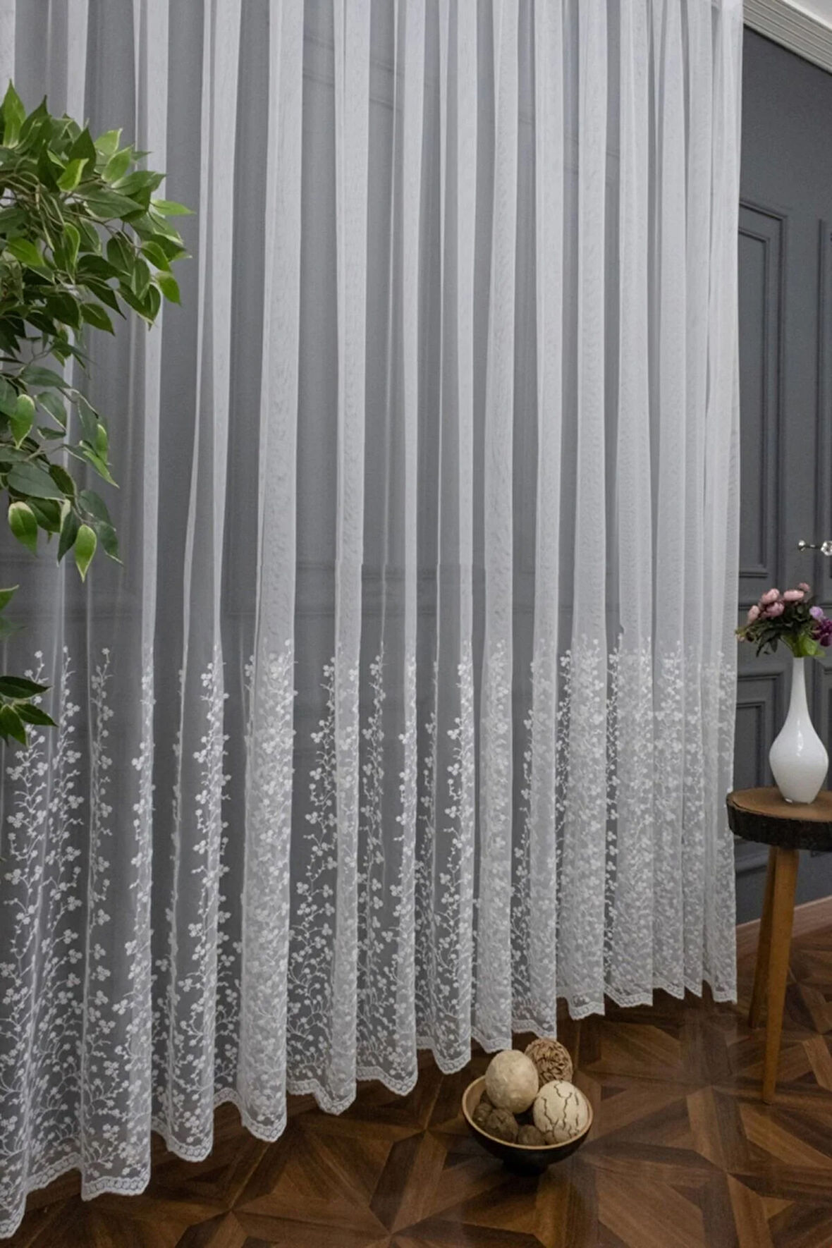 Papatya Etek Nakış Geniş Desen Tarz Tasarım 3kat Pileli Tül Perde