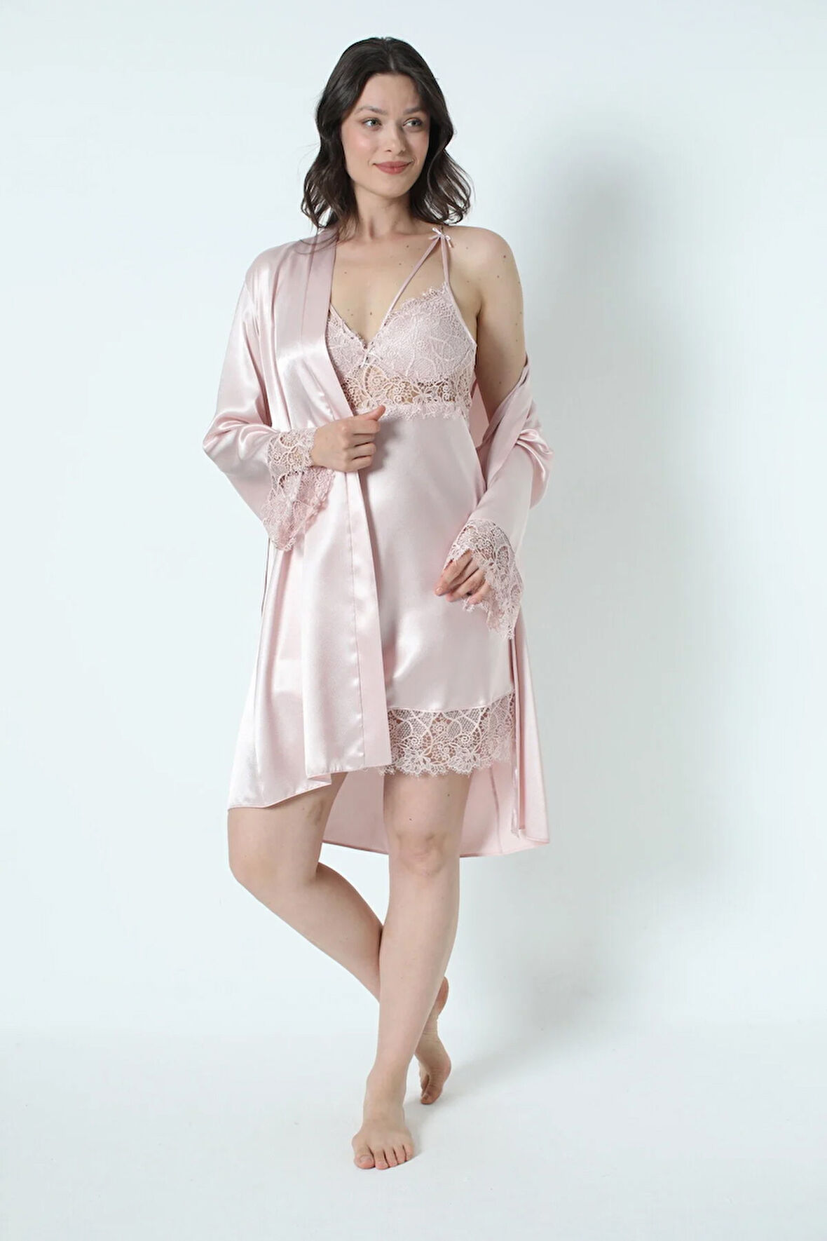 Pudra Saten Gecelik Sabahlık Pijama Takım Şort Takım 6'lı Gelin Çeyiz Seti 8670