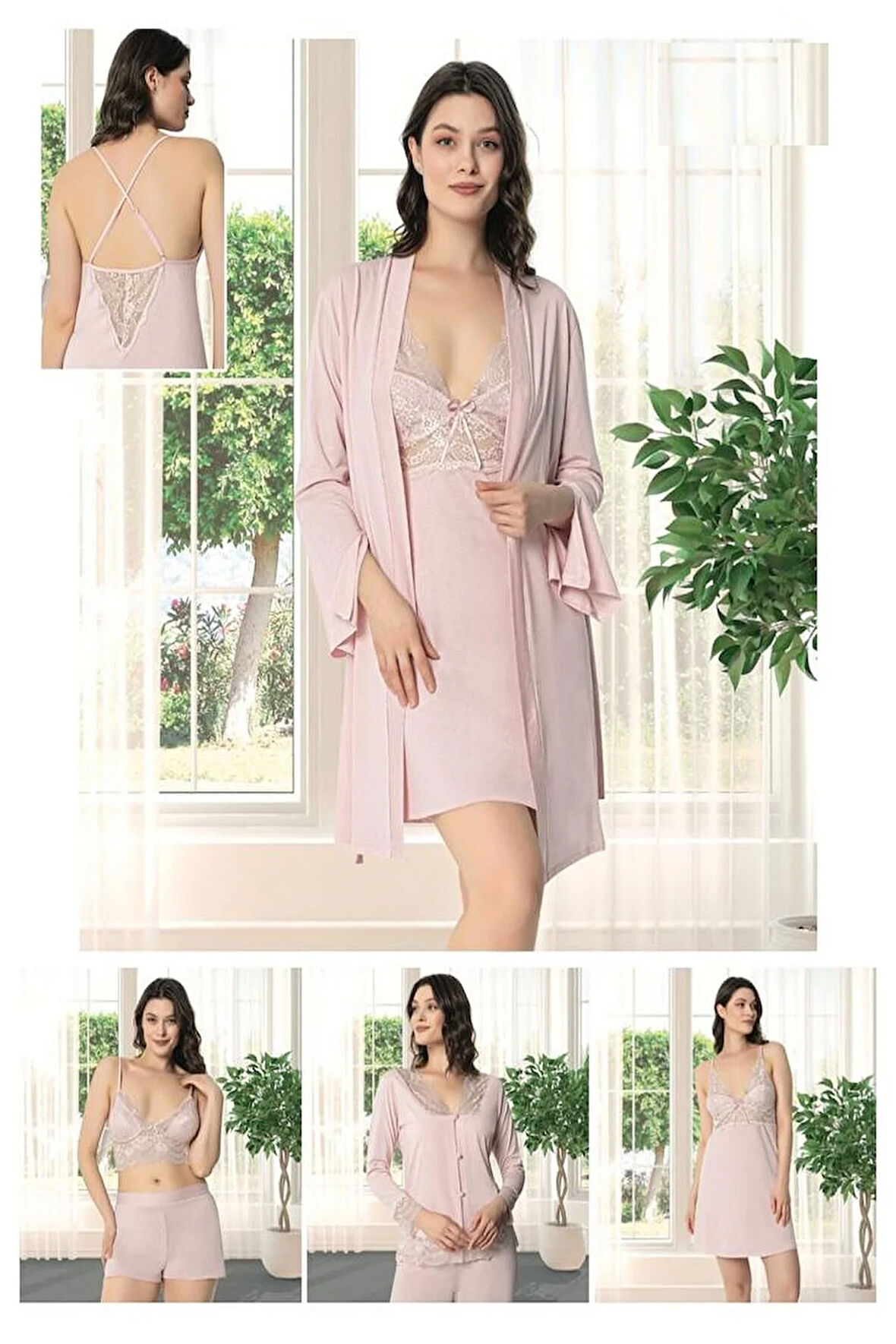 9620 Kadın Çeyizlik Dantelli Penye 6'lı Set -pudra