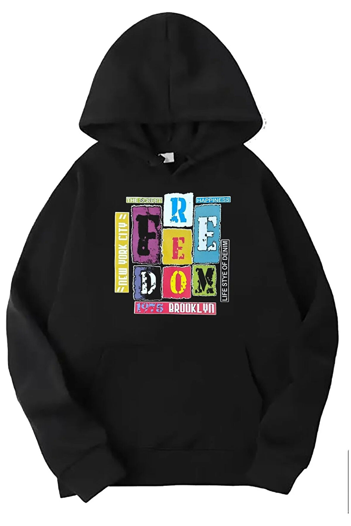 Siyah freedom baskılı kapüşonlu sweatshirt
