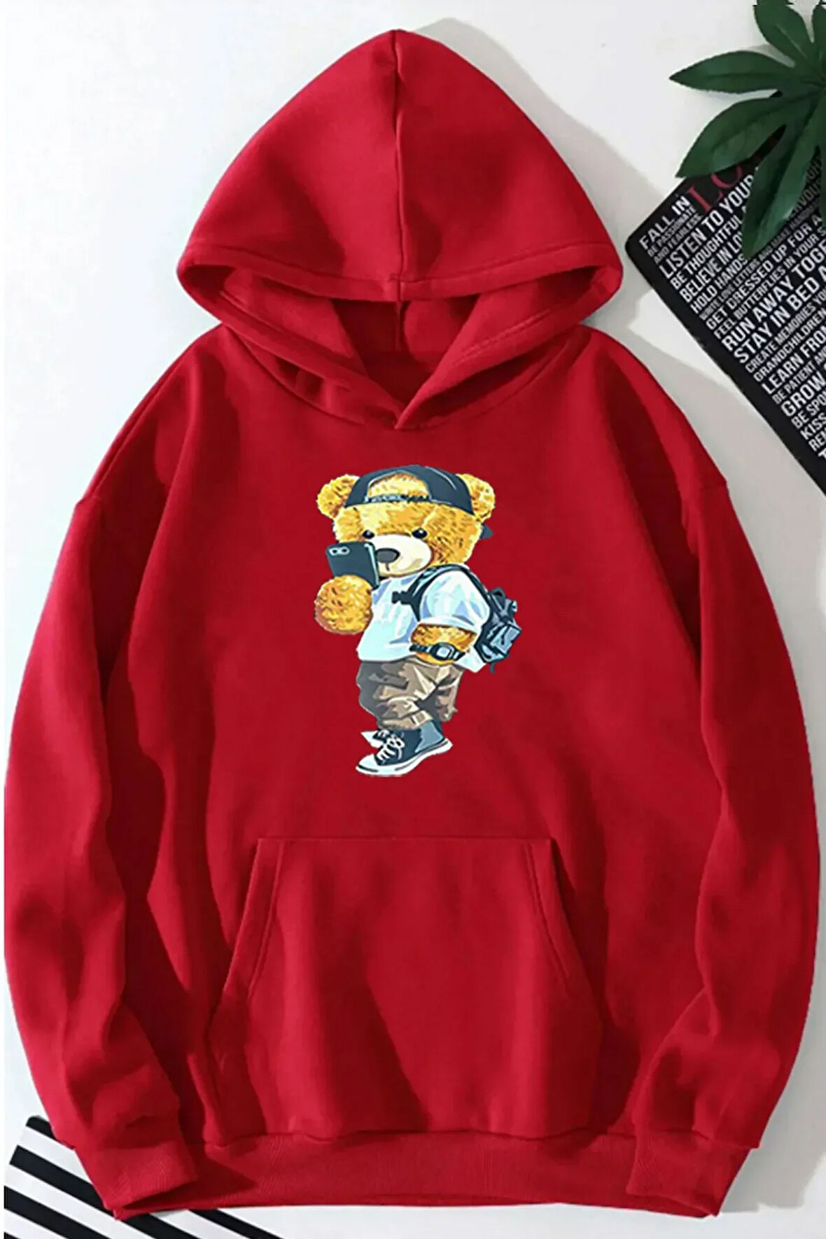 Peluş Ayı Baskılı Kapüşonlu Sweatshirt