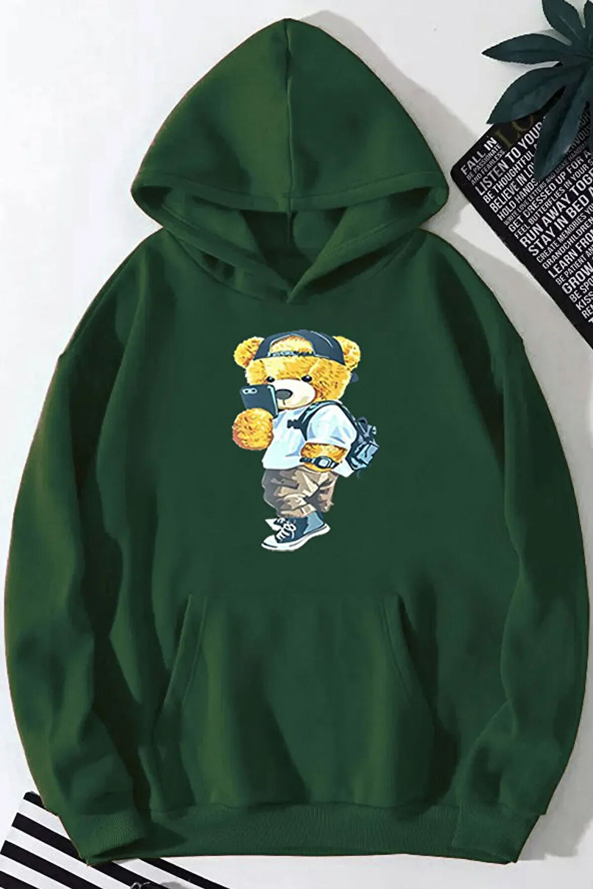 Peluş Ayı Baskılı Kapüşonlu Sweatshirt