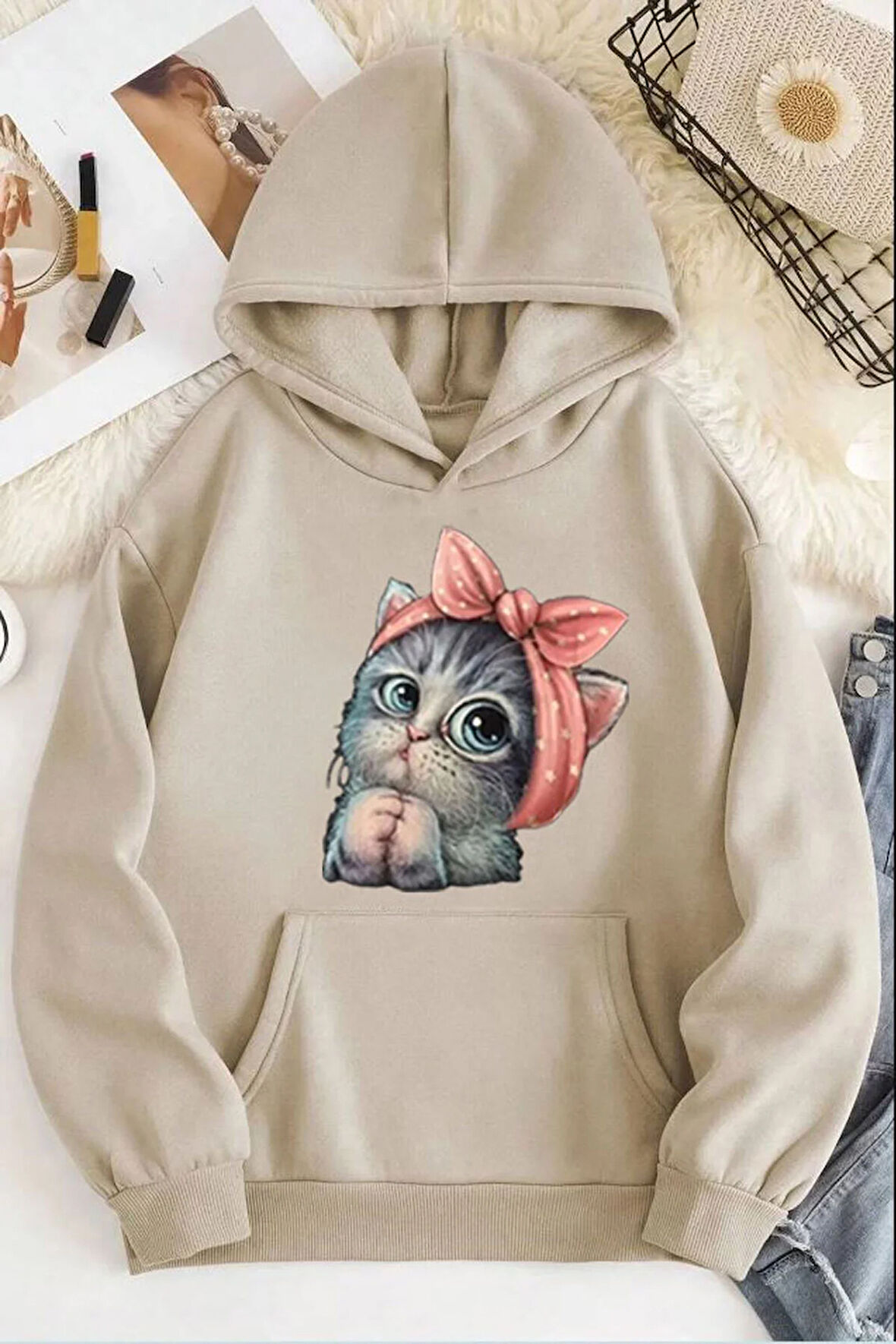 Sevimli Kedi Baskılı Kadın Kapüşonlu Sweatshirt