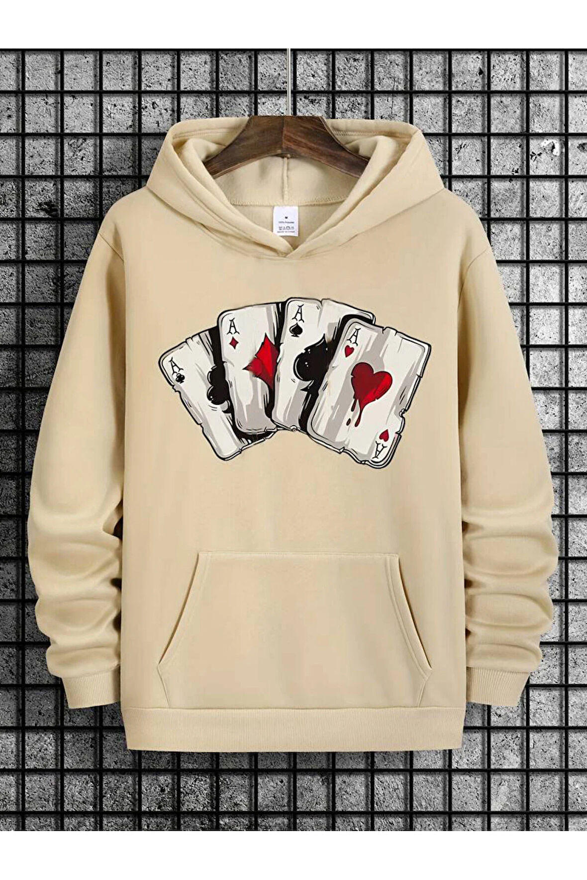İskambil Kart Desenli Kapüşonlu Sweatshirt