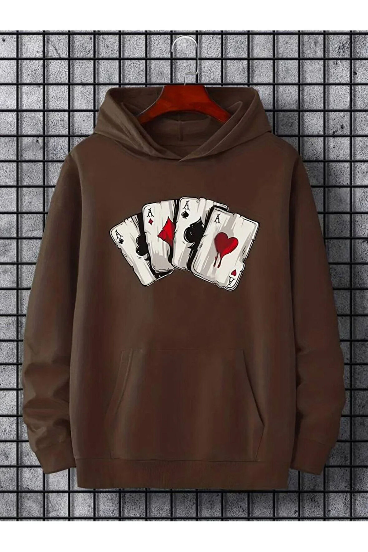 İskambil Kart Desenli Kapüşonlu Sweatshirt