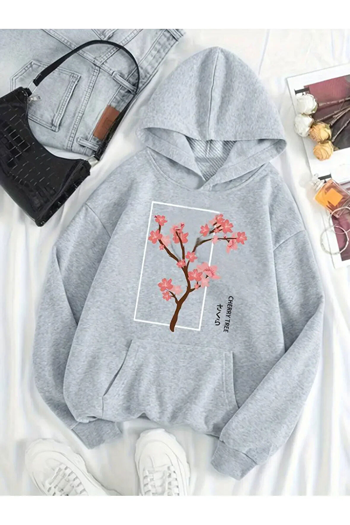 Cherry Baskılı Kapüşonlu Sweatshirt