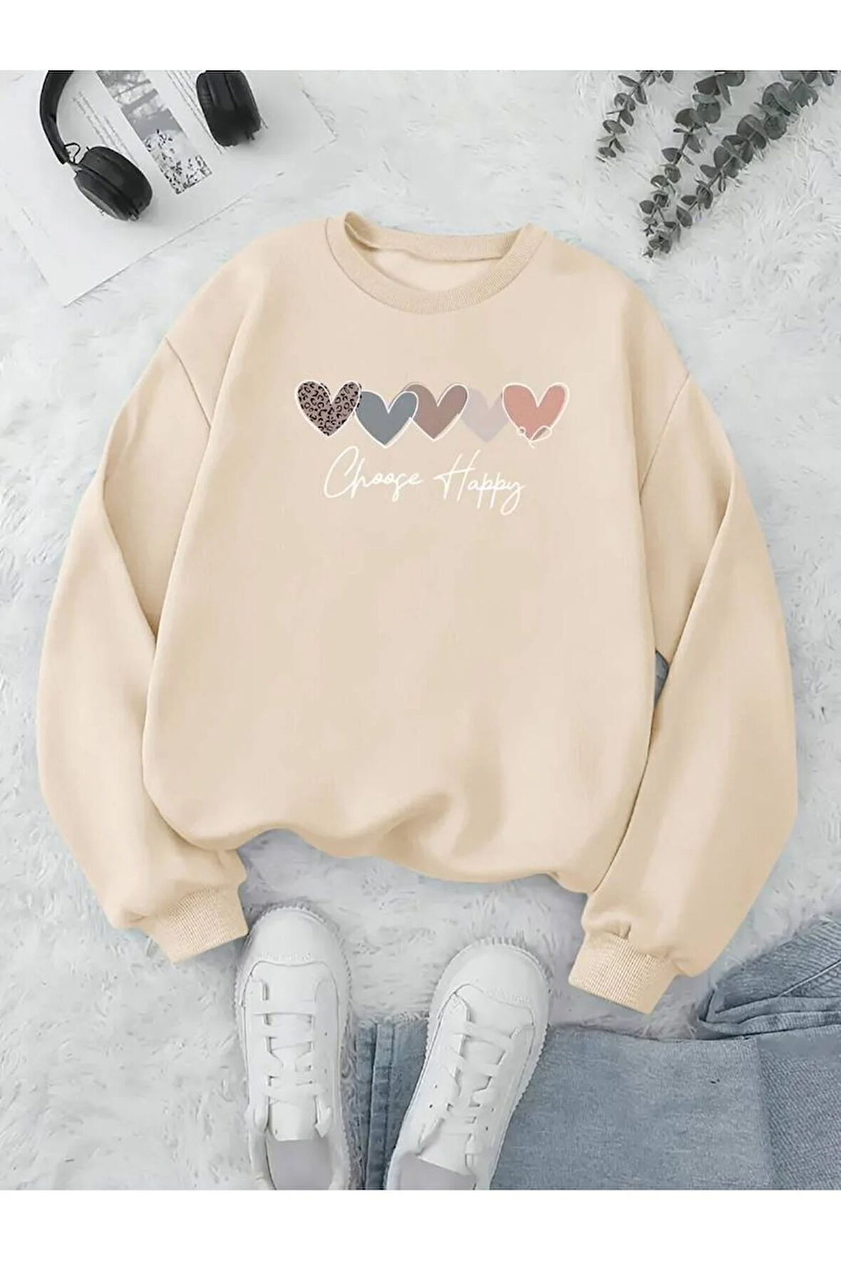 Choose Happy Baskılı Kapüşonlu Sweatshirt