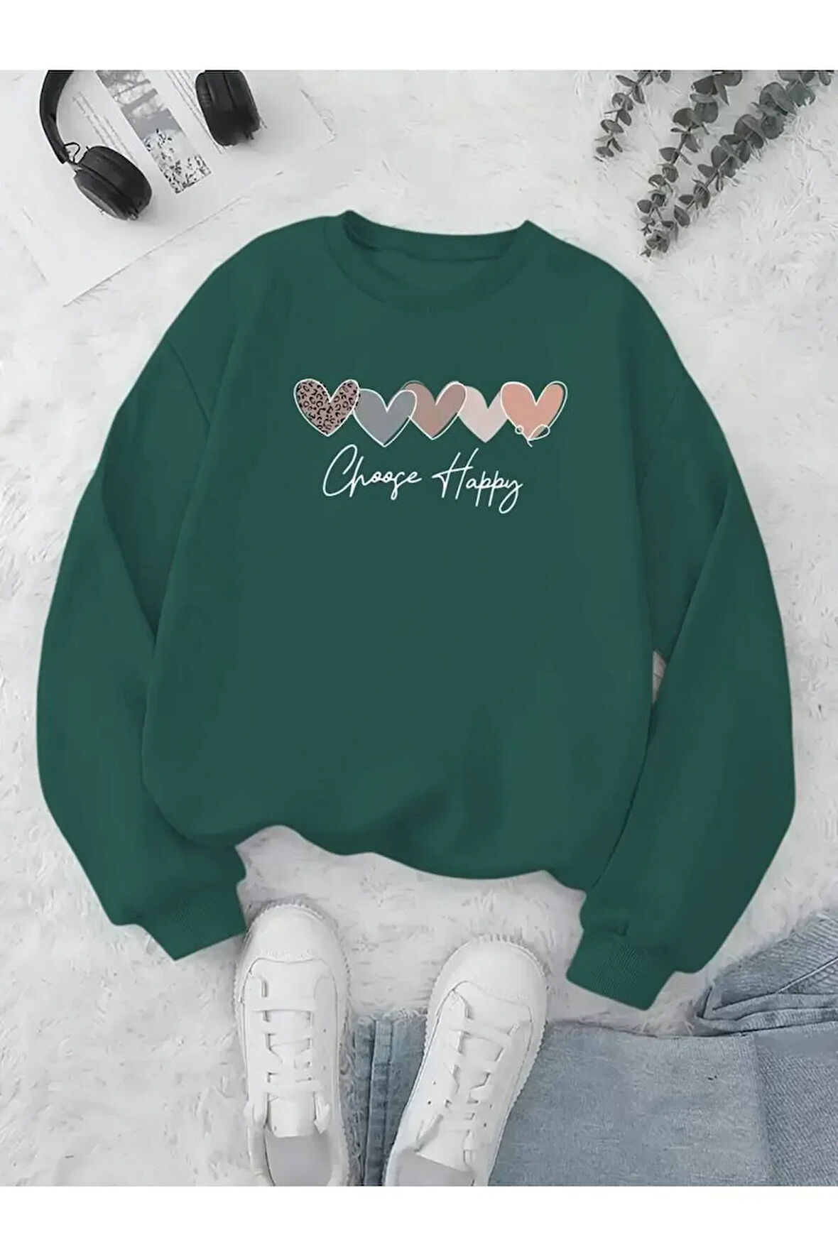 Choose Happy Baskılı Kapüşonlu Sweatshirt