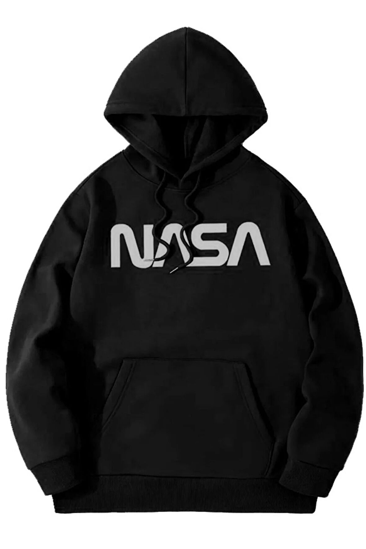 Unisex Siyah Nasa Baskılı Kapüşonlu Sweatshirt