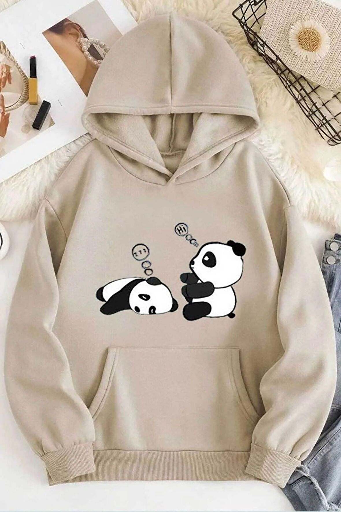Unisex Uykucu Panda Baskılı Sweatshirt