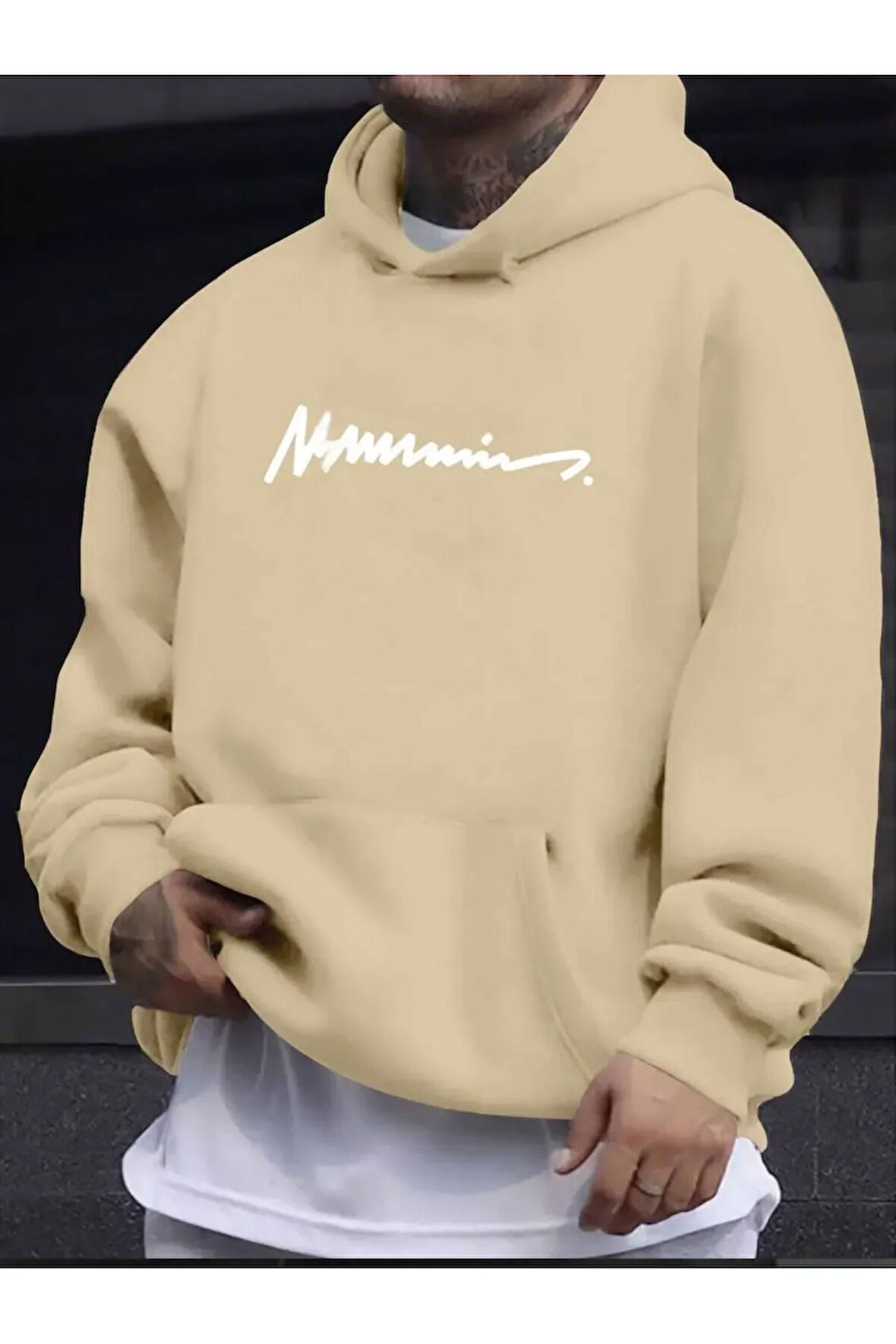 Erkek el yazılı baskılı kapüşonlu sweatshirt