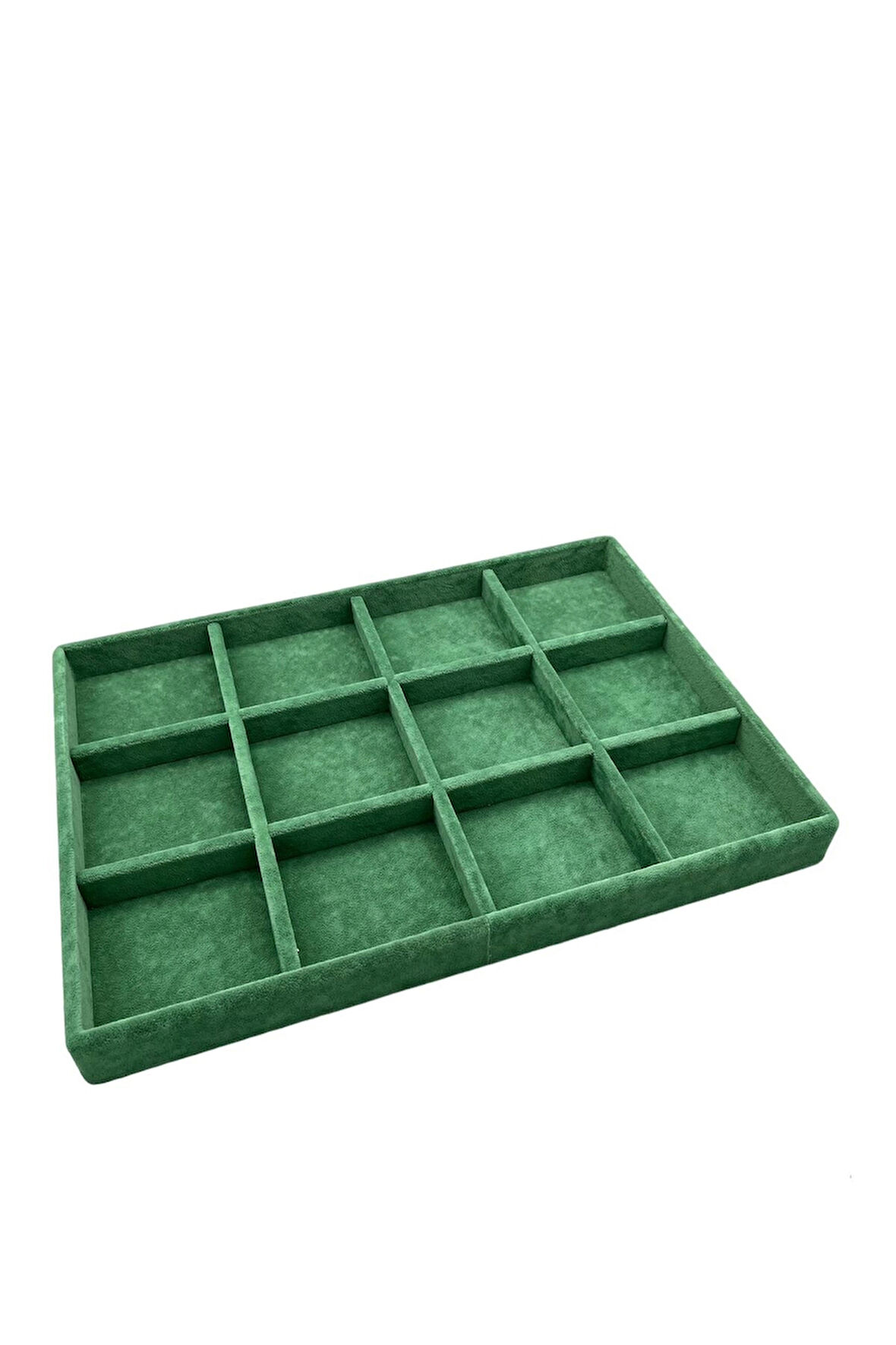 Yerli Üretim Süet Kumaş Yeşil Renk 34 Cm / 24 Cm 12 Bölmeli Çekmece Içi Takı Standı