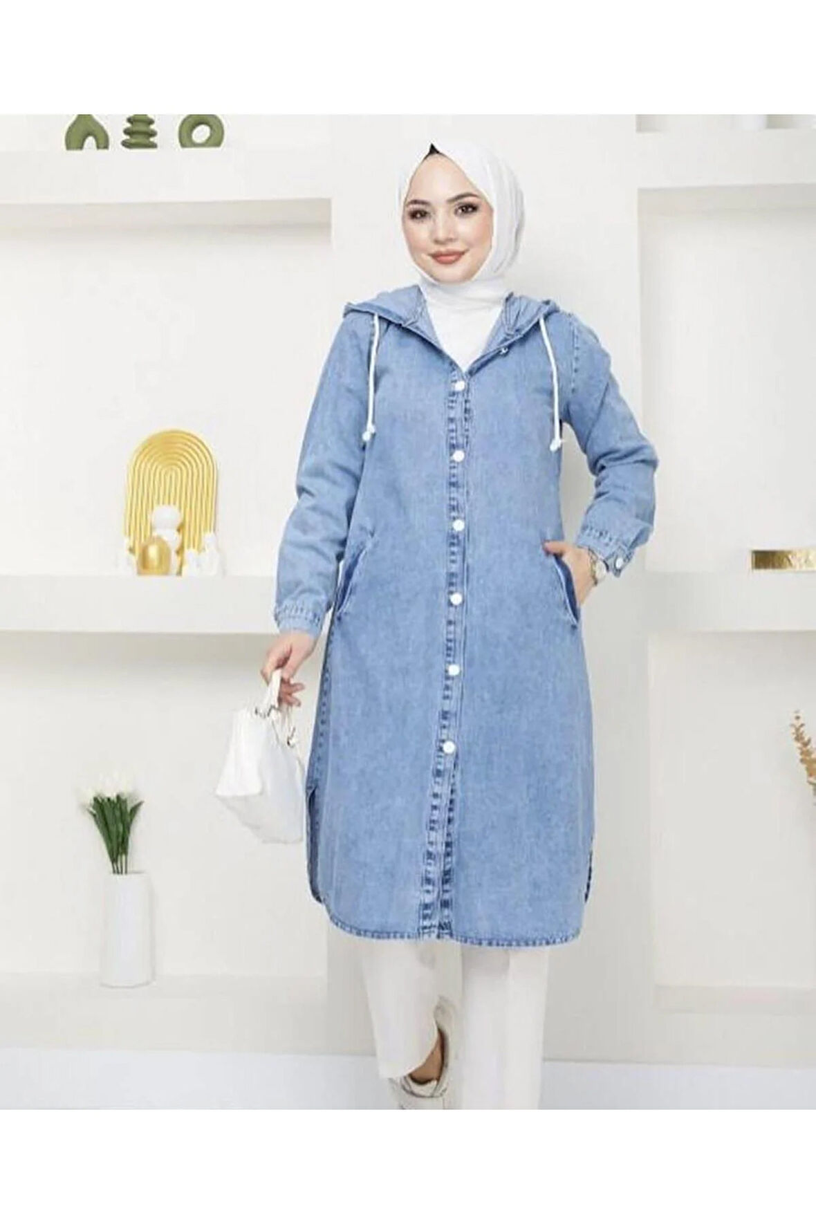 Kadın Kapüşonlu Uzun Kot Ceket