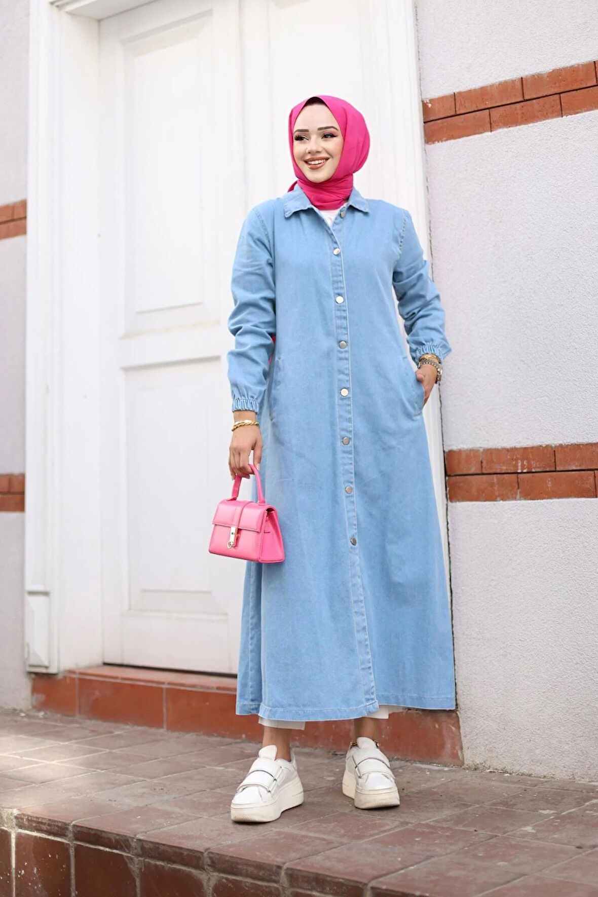 Kadın Cepli Düğmeli Denim Kot Trençkot