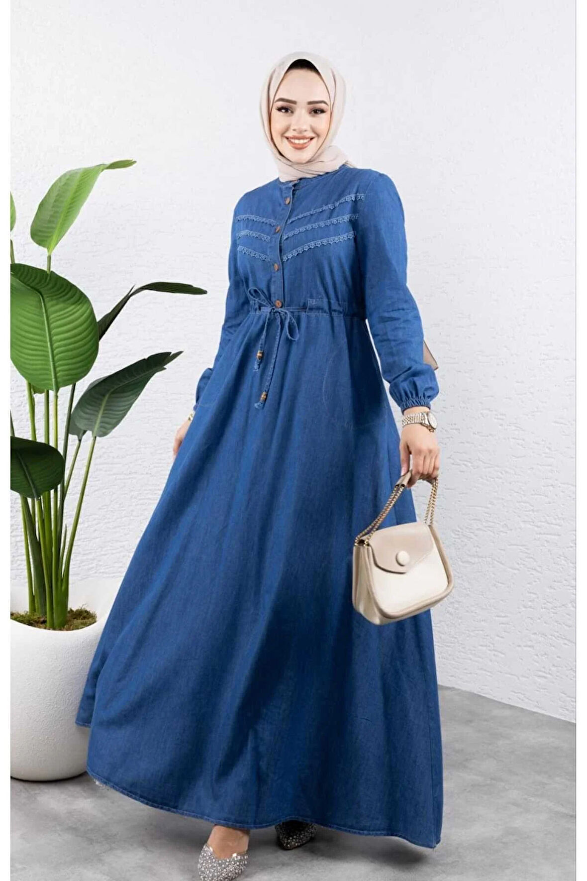 Kadın Belden Sıkmalı Cepli Kot Elbise