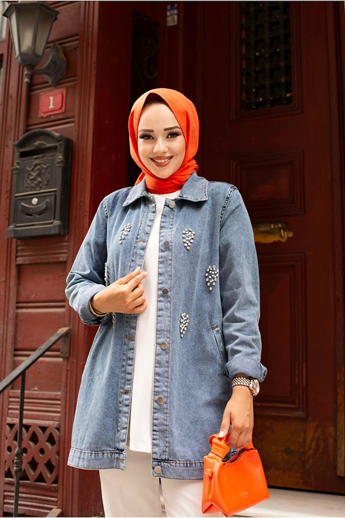 Kadın Kristal Taş Detay Denim Kot Ceket