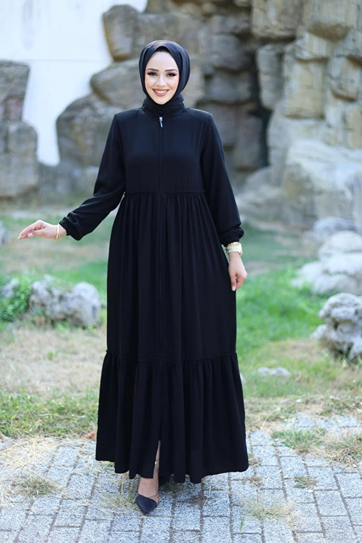 Kadın Büzgüllü Fermuarlı Ferace
