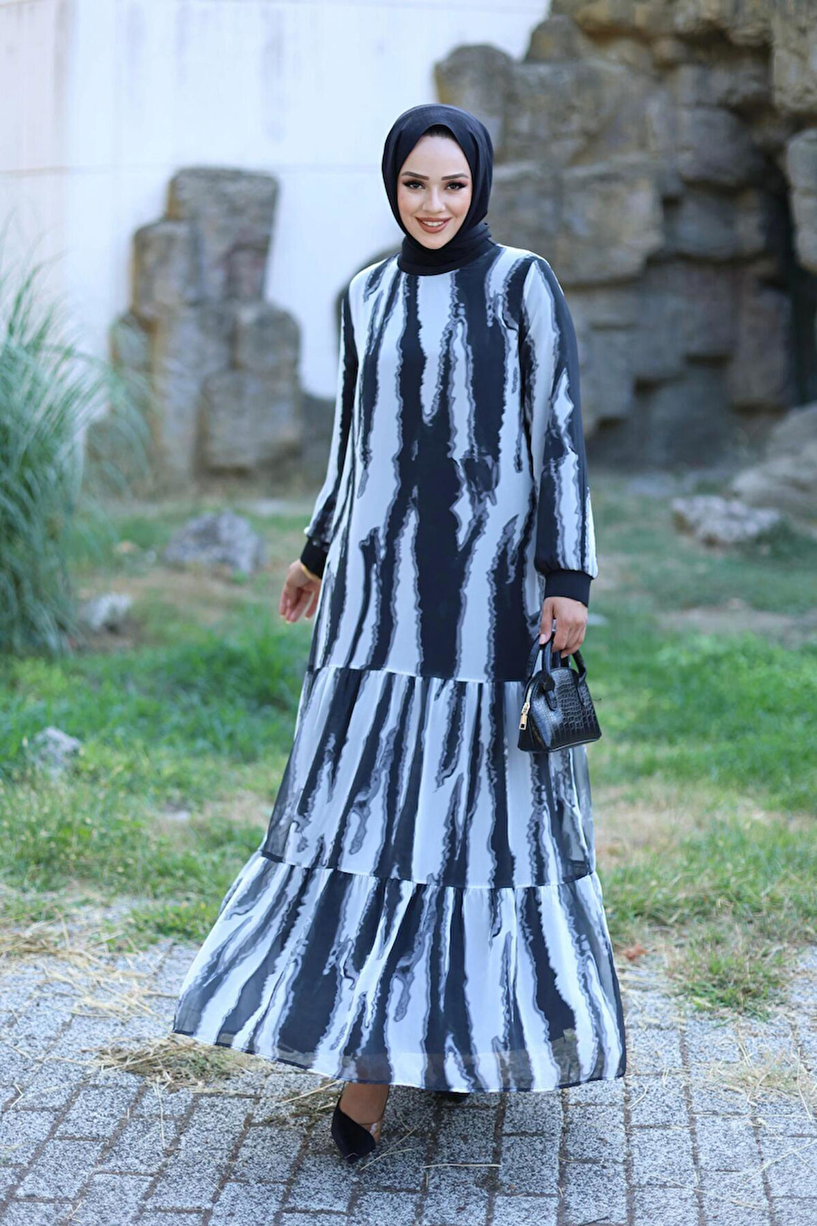 Kadın Astarlı Şifon Desenli Elbise