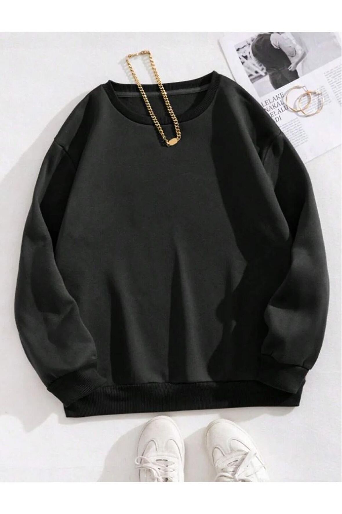 Düz Bisiklet Yaka Sweatshirt