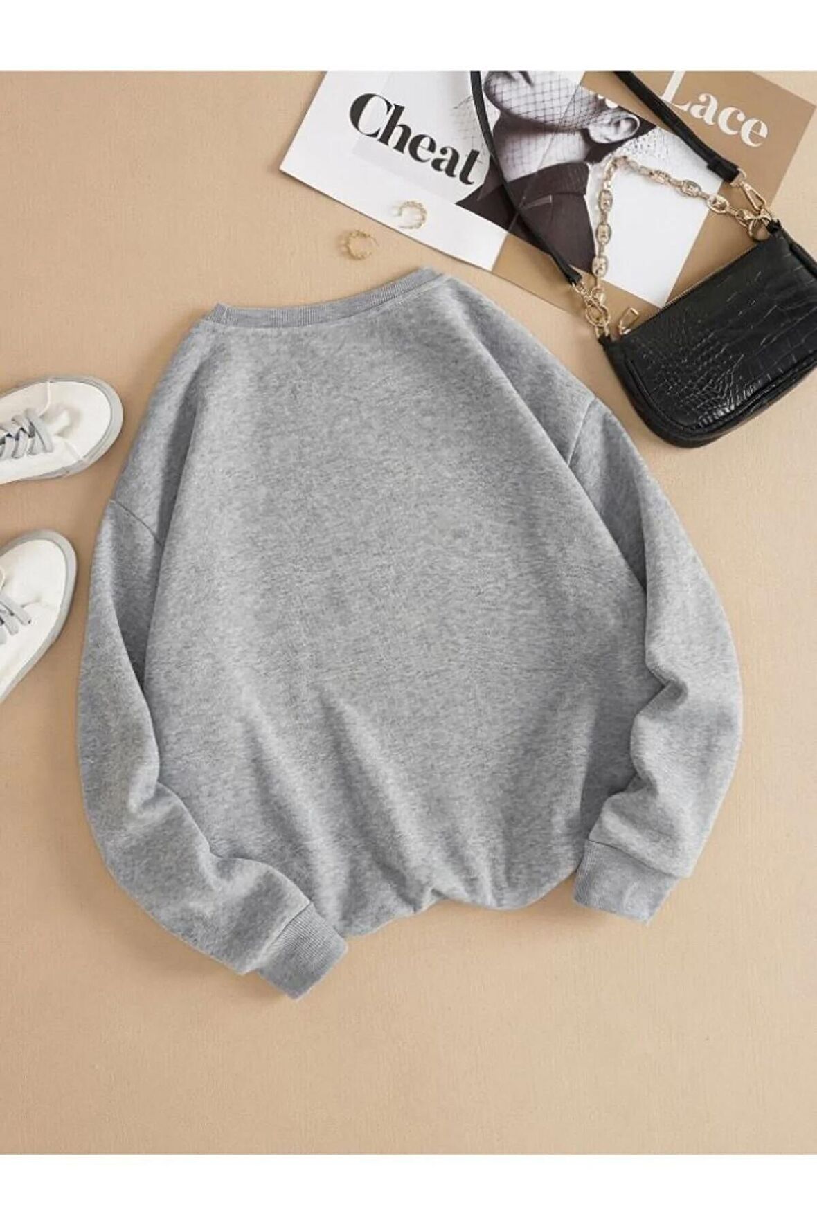 Kadın Düz Bisiklet Yaka Sweatshirt