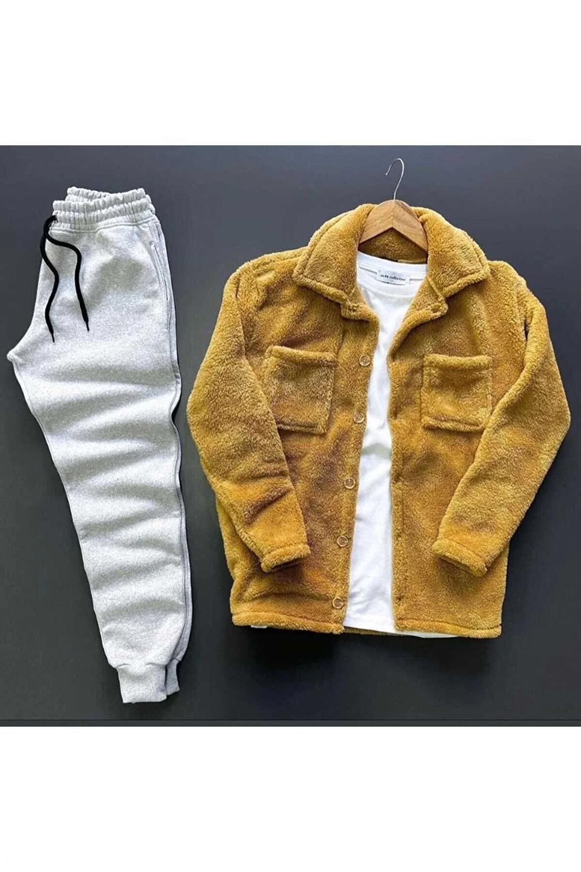 Unisex Pelüş Ceket Ve Siyah Eşofman Kombini Alt Üst