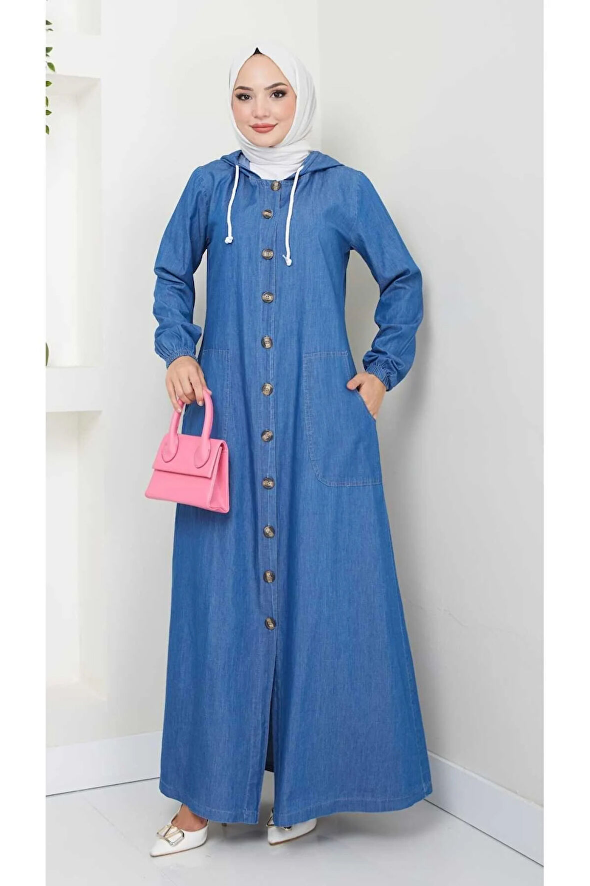 Kadın Düğmeli Kapüşonlu Kot Ferace