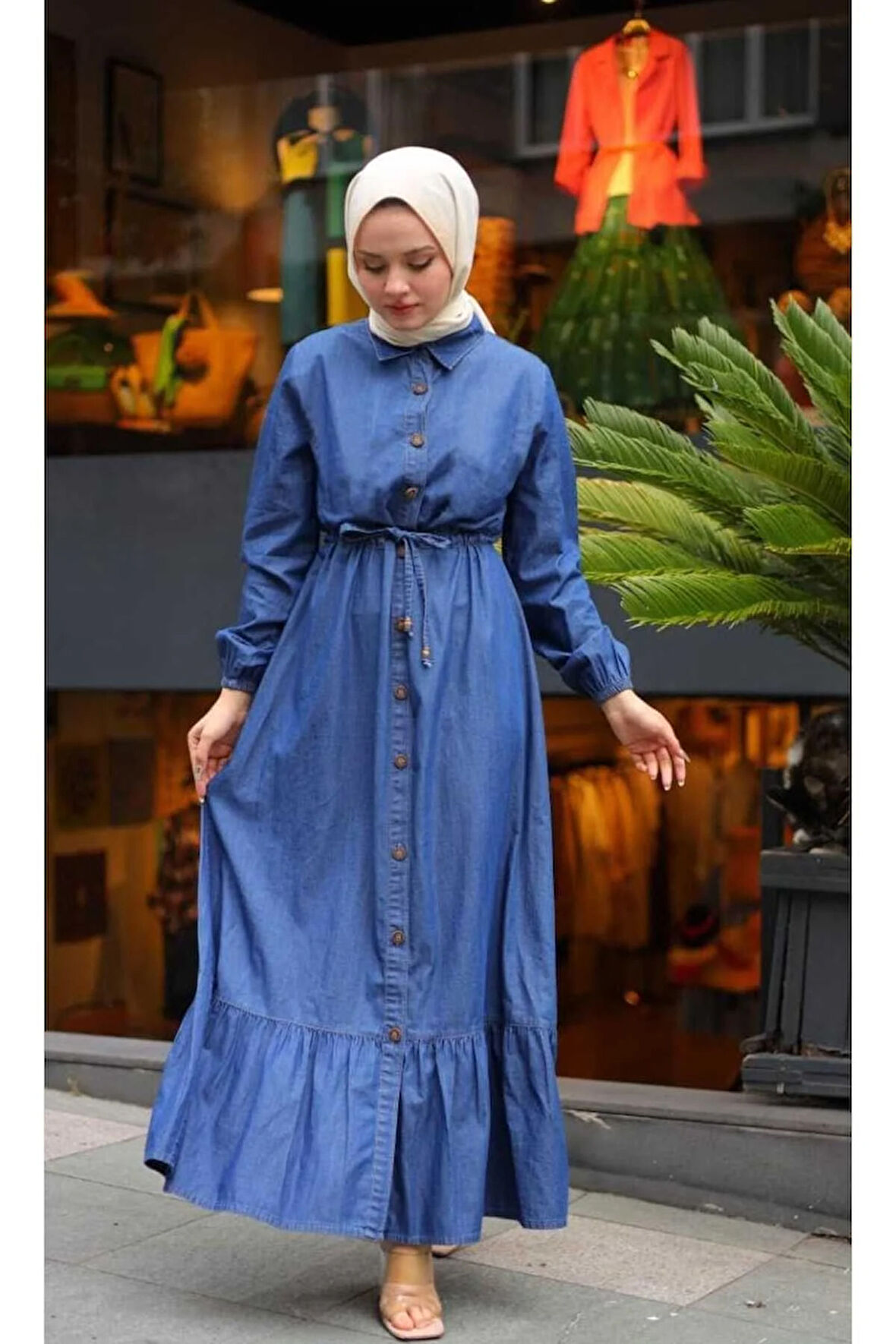 Kadın Düğmeli Belden Sıkmalı Kot Elbise