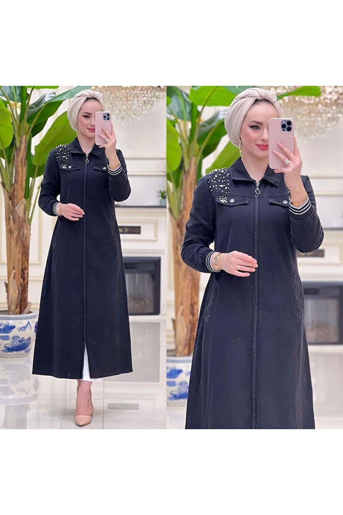 Kadın Taş Detaylı Fermuarlı Kot Kap