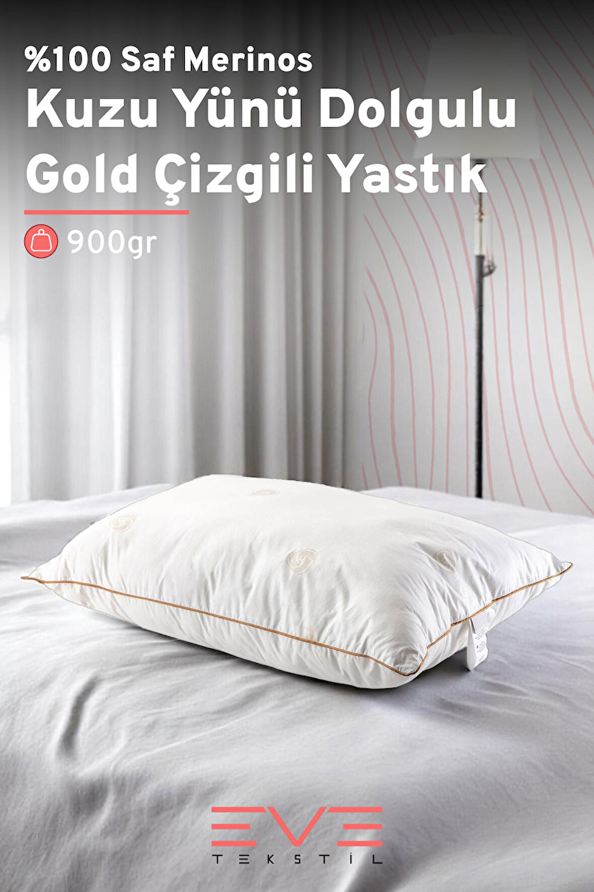 %100 Merinos Kuzu Yünlü Gold Çizgili Fermuarlı Doğal Yastık 50x70 Cm 