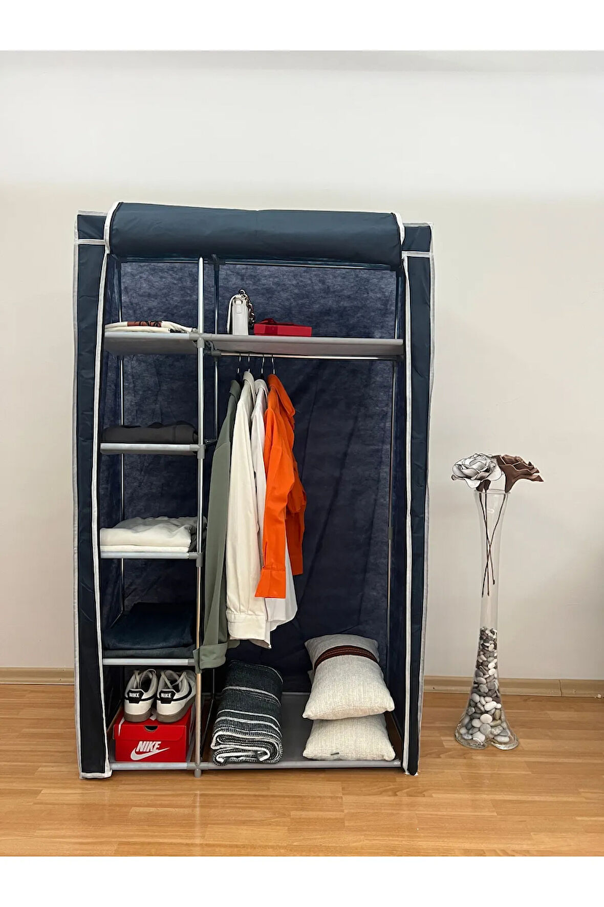 Tek Yandan Raflı Bez Dolap Lacivert | 7 Raflı, Çelik Iskeletli