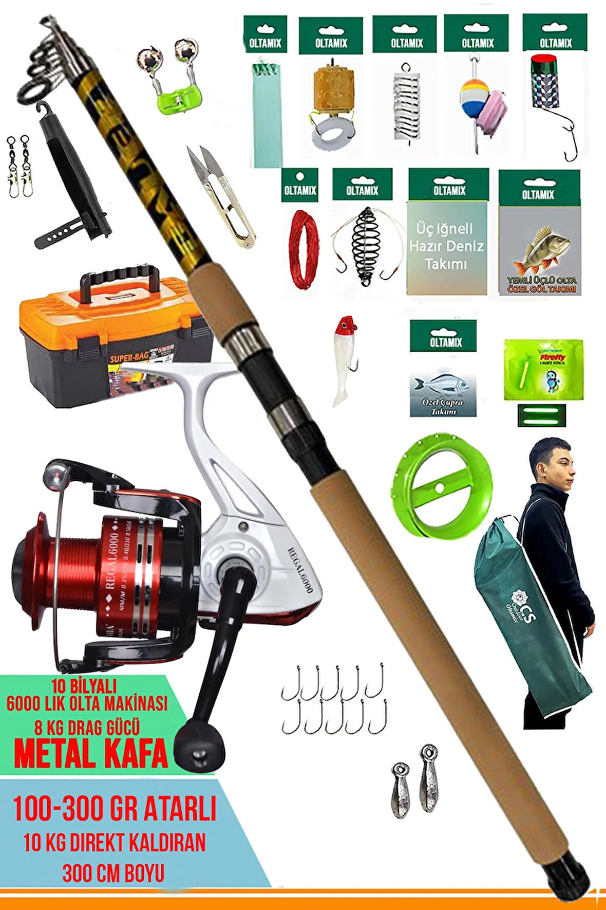 Profesyonel Olta Seti 300 Cm 100-300 gr Atarl Kamış - Metal Kafa 6000 10 Bilyalı Makina Takımı Seti