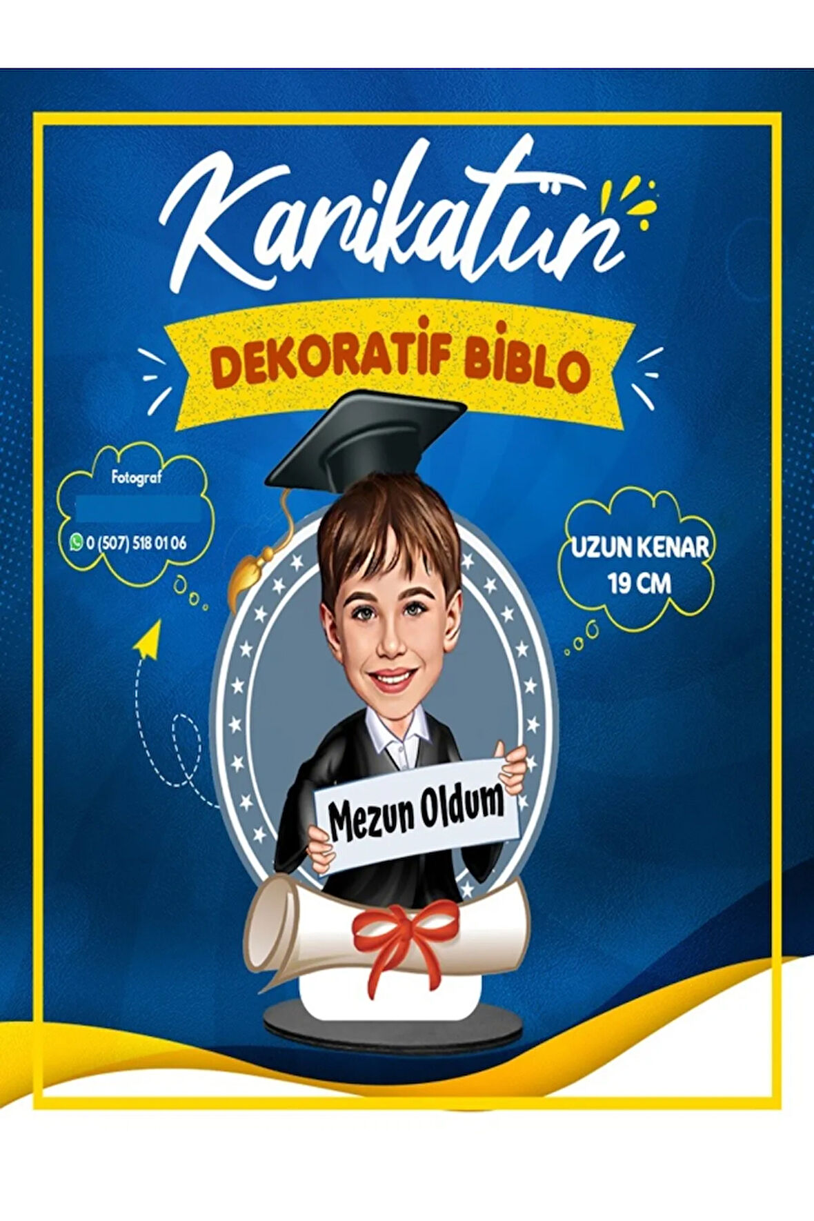 İlkokul Ortaokul Lise Okuldan Mezun Oldum Resim Birleştirme Ahşap Masaüstü Figür-Biblo Toplu Sip.