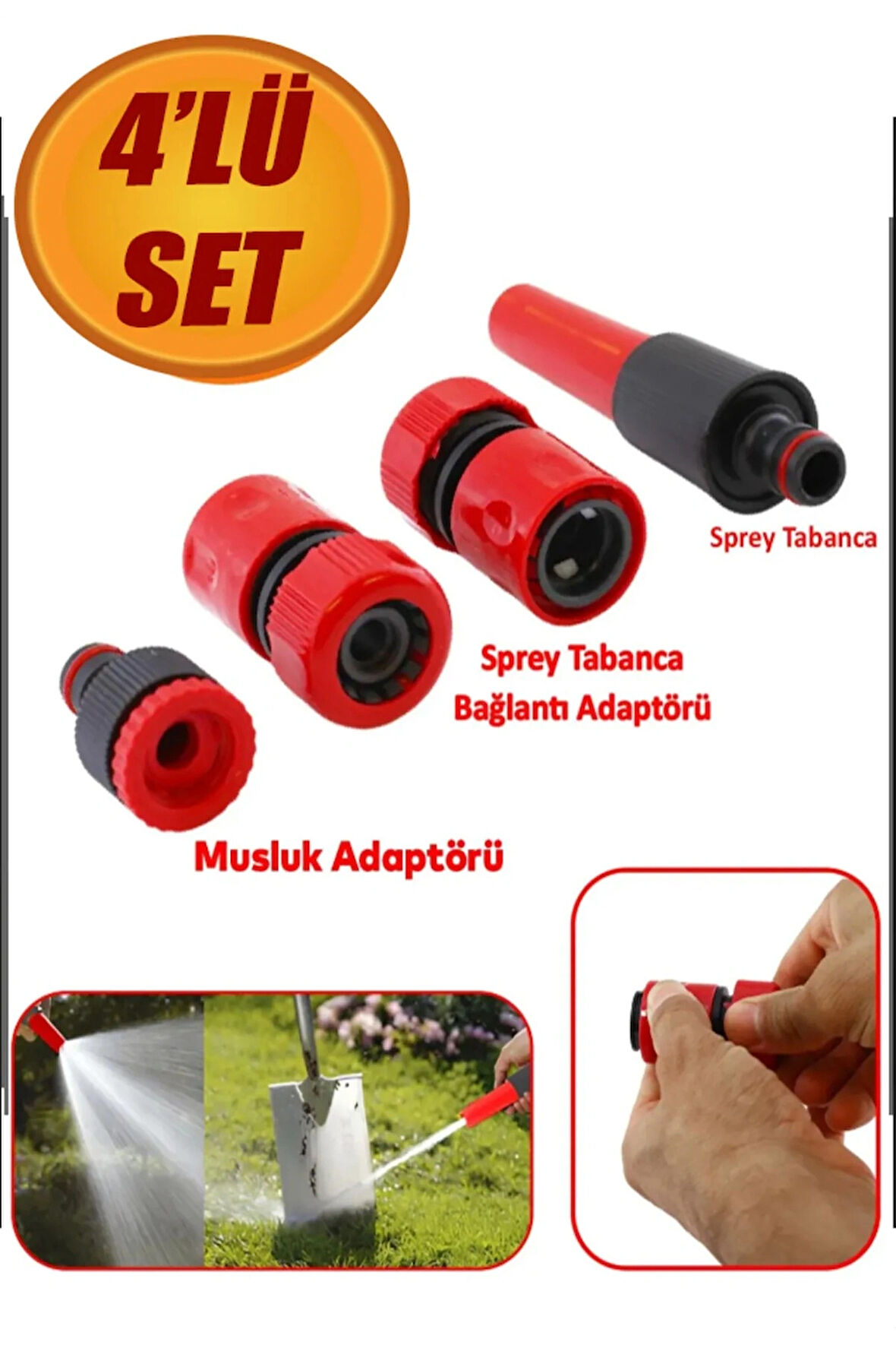 Hortum Sprey Sulama Tabancası Başlığı Seti 4 Parça Bahçe Çeşme Musluk Bağlantı Adaptörü Aparatı Oto