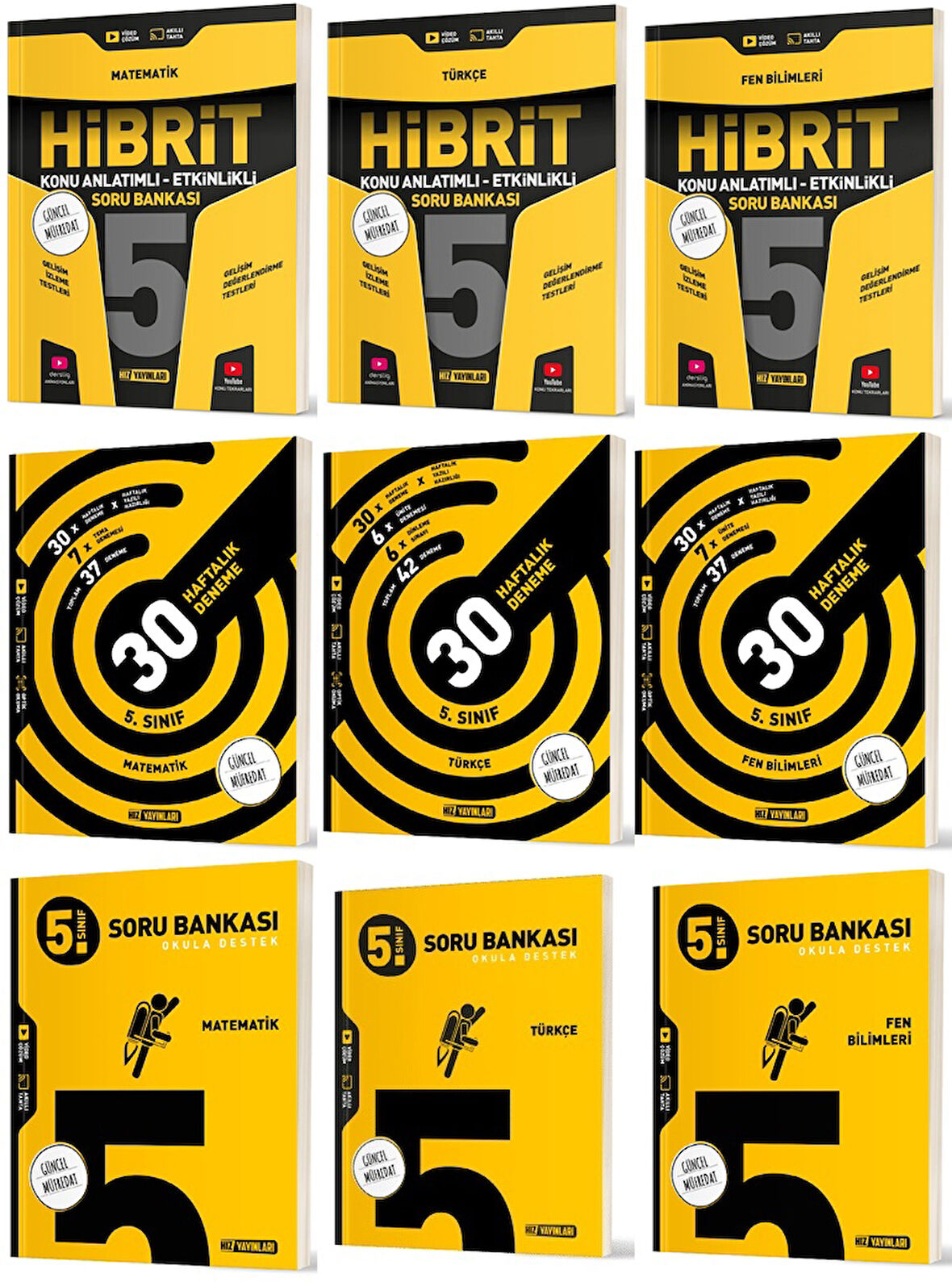 Hız 2025 5. Sınıf Matematik + Türkçe + Fen Bilimleri Haftalık Deneme + Hibrit + Soru Seti 9 Kitap