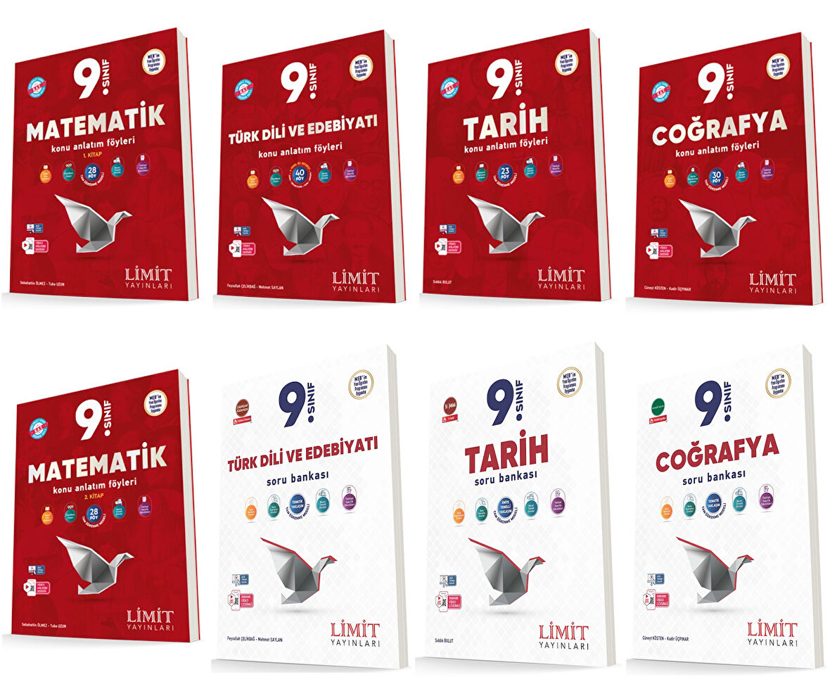 Limit 2025 9. Sınıf Matematik + Türk Dili + Tarih+ Coğrafya Kaf + Soru Seti 9 Kitap Güncel Müfredat