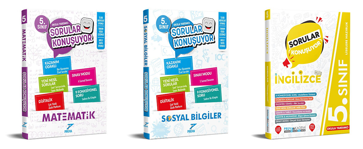 Pruva Akademi 2025 5. Sınıf Matematik + Sosyal Bilgiler + İngilizce Sorular Konuşuyor Seti 3 Kitap Güncel Müfredat