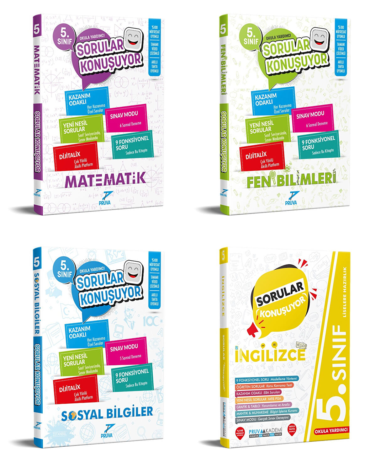 Pruva Akademi 2025 5. Sınıf Matematik + Fen Bilgisi + Sosyal + İngilizce Soru Seti 4 Kitap Güncel Müfredat