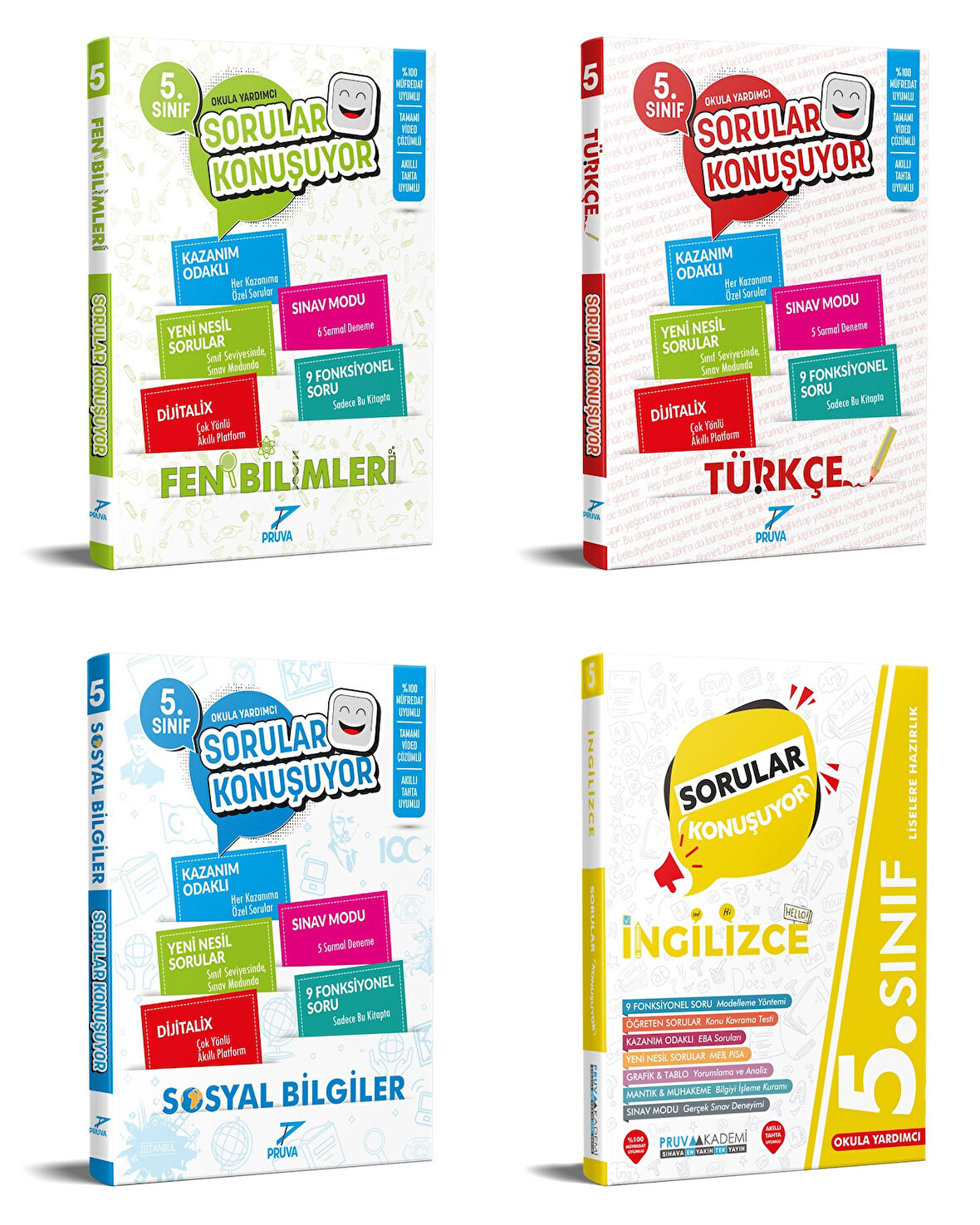 Pruva Akademi 2025 5. Sınıf Fen Bilimleri + Türkçe + Sosyal + İngilizce Soru Seti 4 Kitap Güncel Müfredat