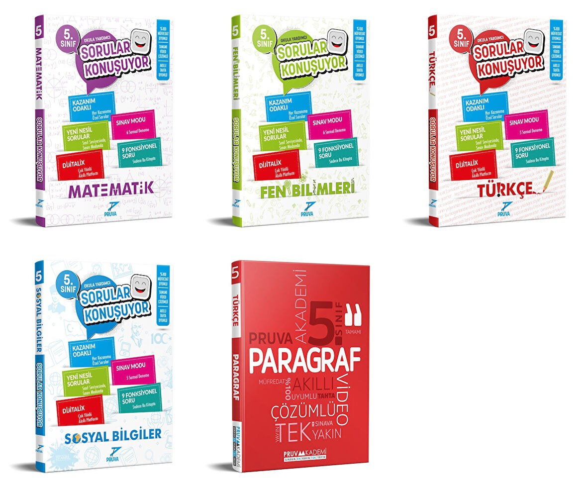 Pruva Akademi 2025 5. Sınıf Matematik + Fen Bilgisi + Türkçe + Sosyal Bilgiler + Paragraf Soru Seti 5 Kitap Güncel Müfredat