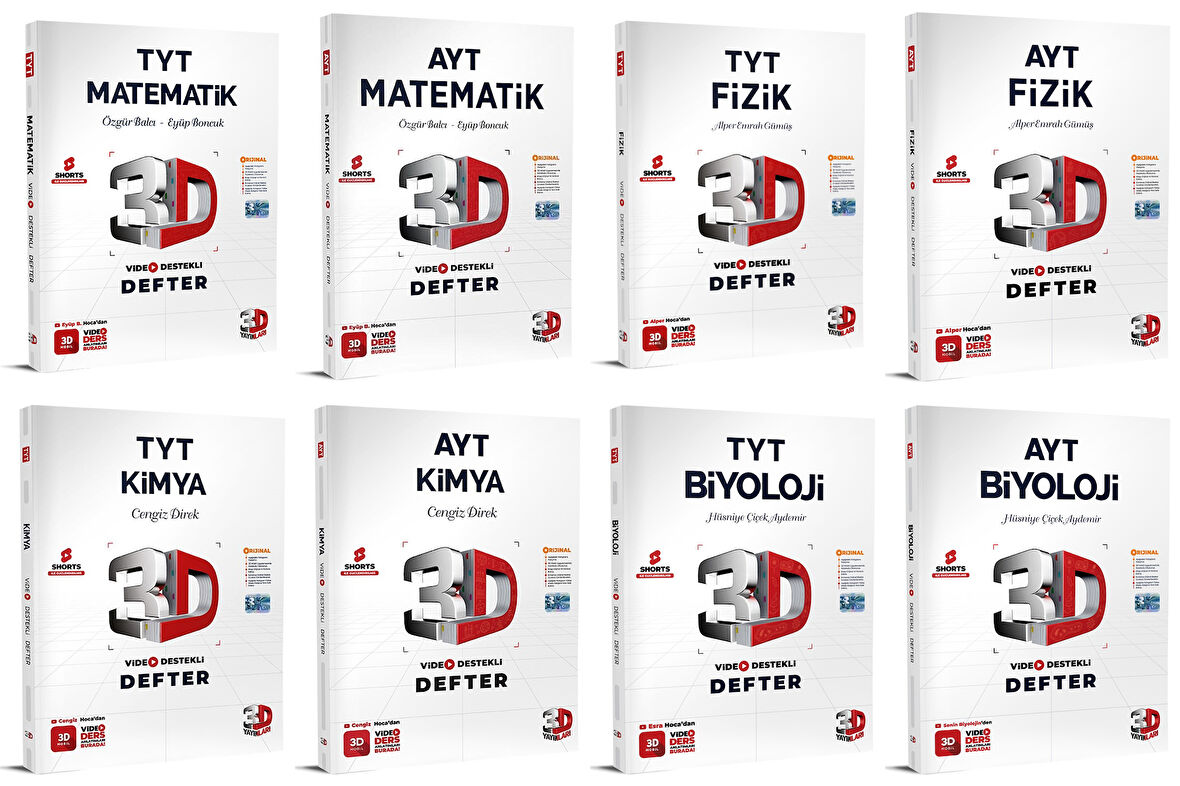 3D Yayınları 2024 Tyt Ayt Matematik + Fizik + Kimya + Biyoloji Video Destekli Defteri Seti 8 Kitap