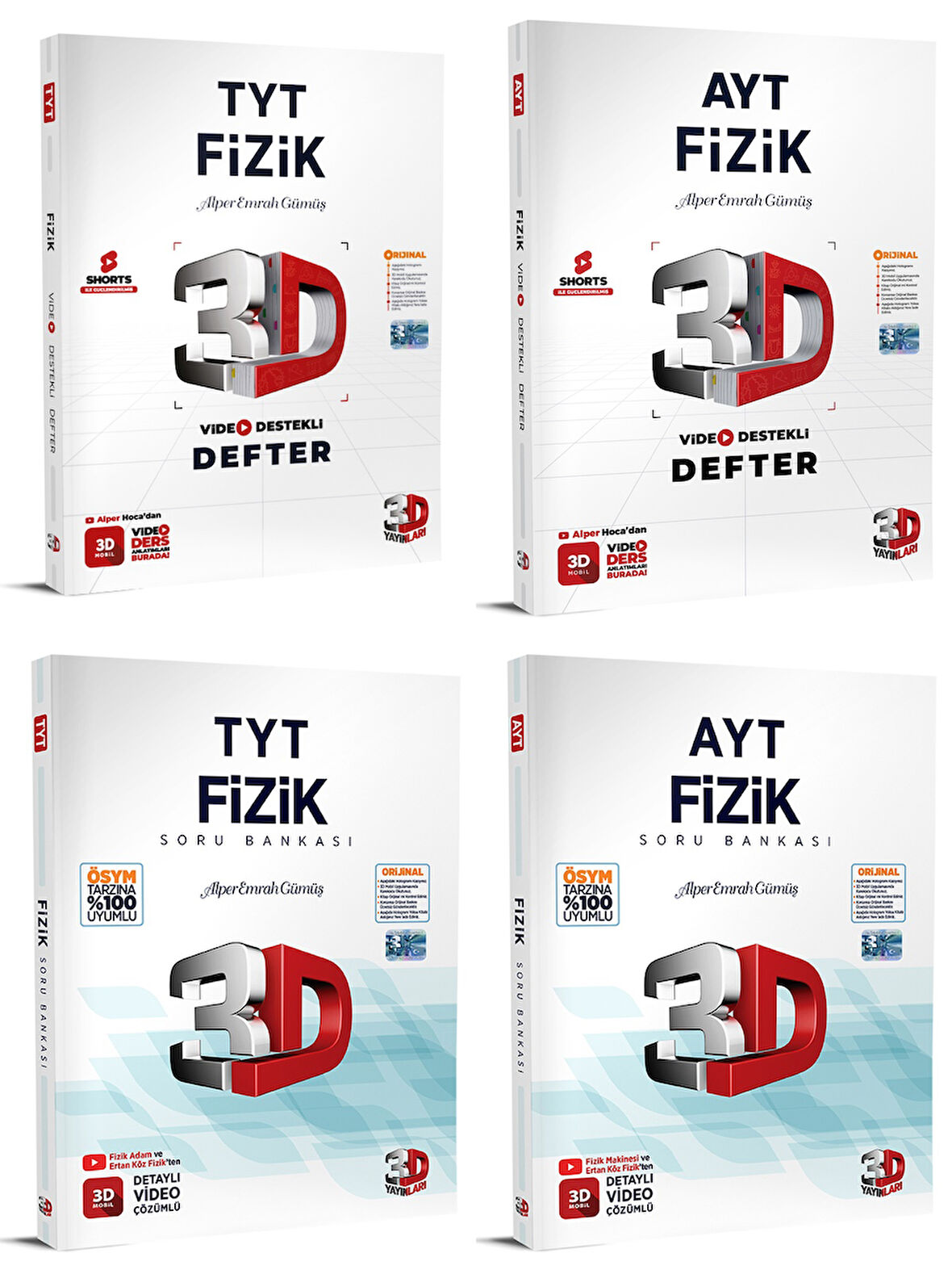 3D Yayınları 2024 Tyt Ayt Fizik Video Destekli Defter + Soru Seti 4 Kitap